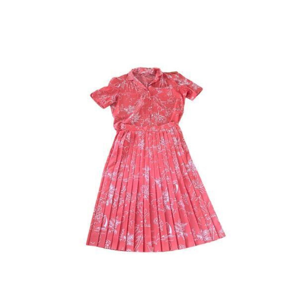Vintage 2 Piece Pink Coral Collared Blouse & Matching Pleated Skirt Est Size - S